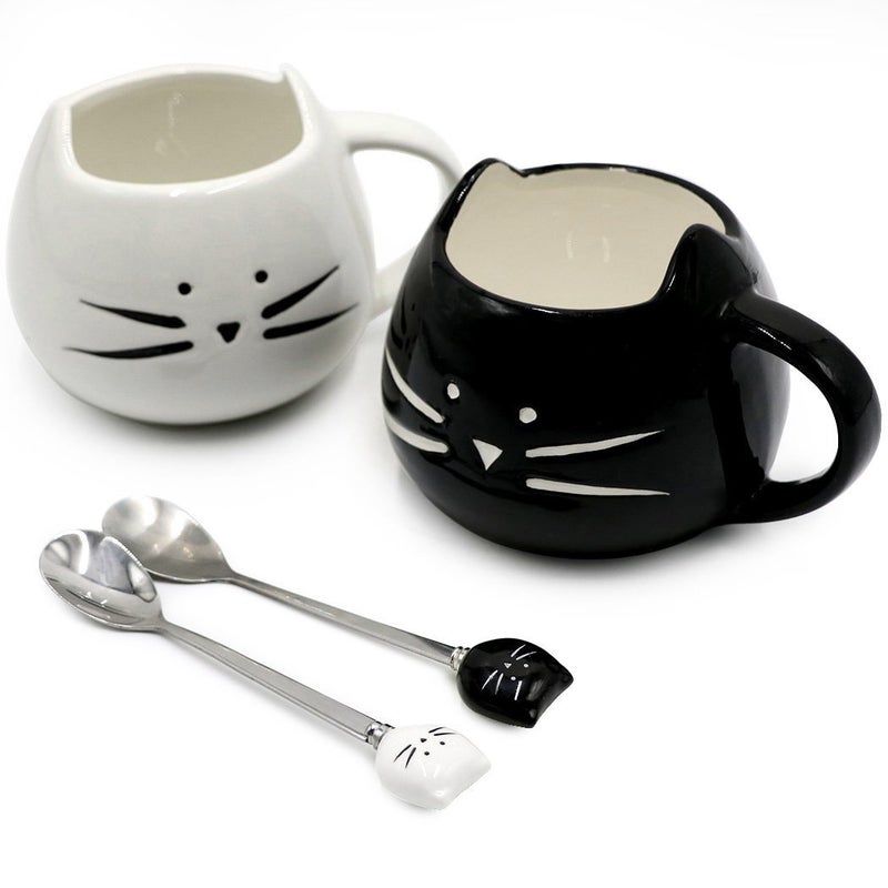 Koolkatkoo Cute Cat Mug Ceramic Coffee Mugs Set Gifts for Women Girls Cat Lovers Funny Small Cup with Spoon 12 oz Black and White - Image 1